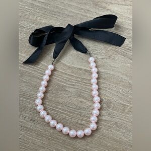 Pink Pearl black ribbon necklace